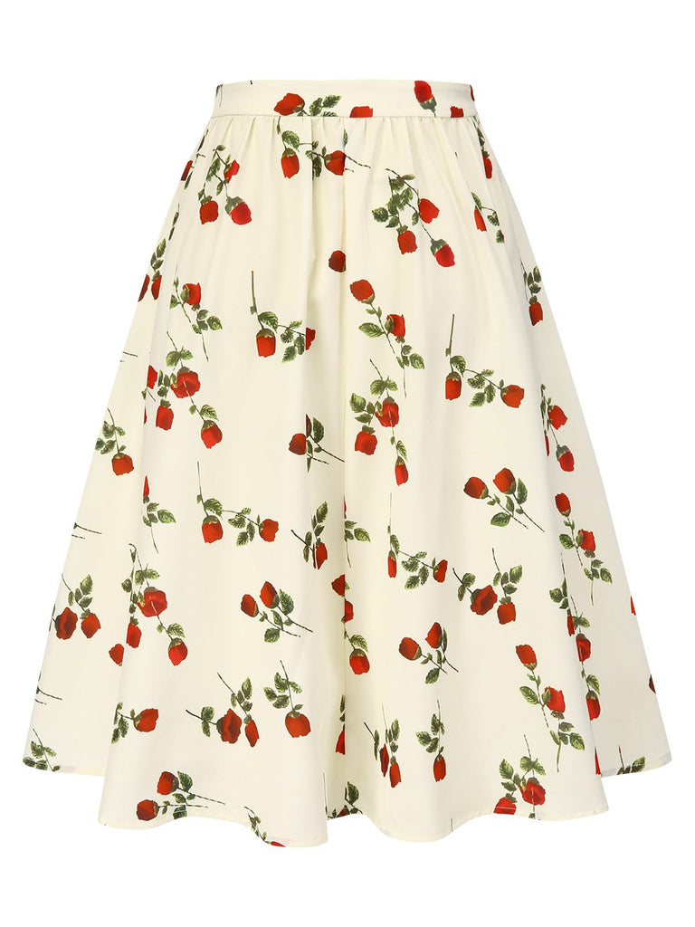 [Prévente] Jupe froncée blanche roses rouges années 1950