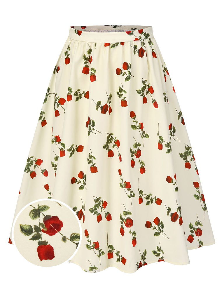 [Prévente] Jupe froncée blanche roses rouges années 1950