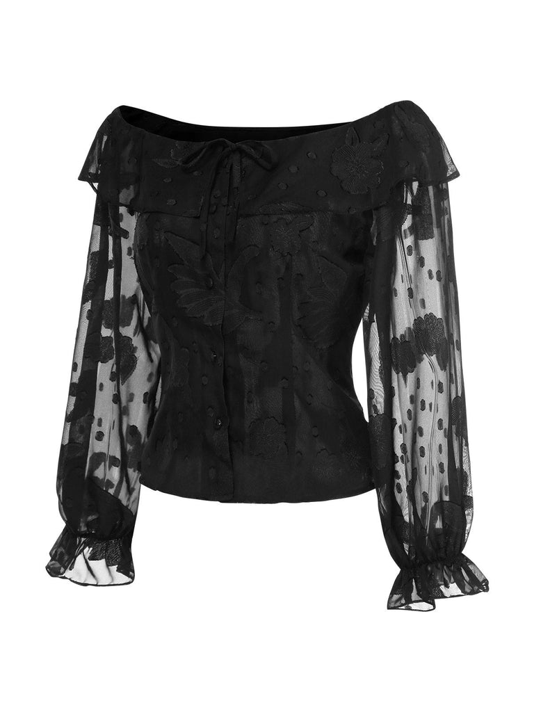 [Prévente] Haut noire en mousseline de soie jacquard années 1950