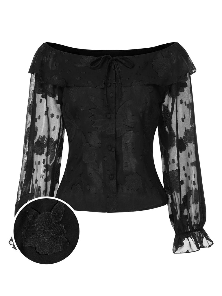 [Prévente] Haut noire en mousseline de soie jacquard années 1950