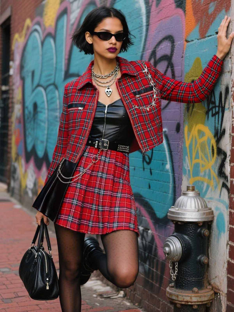 [Prévente] Veste punk rouge à carreaux de chaînes années 1980
