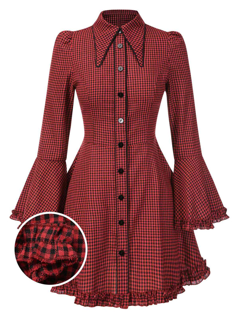 [Prévente] Robe rouge gothique à carreaux manches cloche à lacets des années 1960