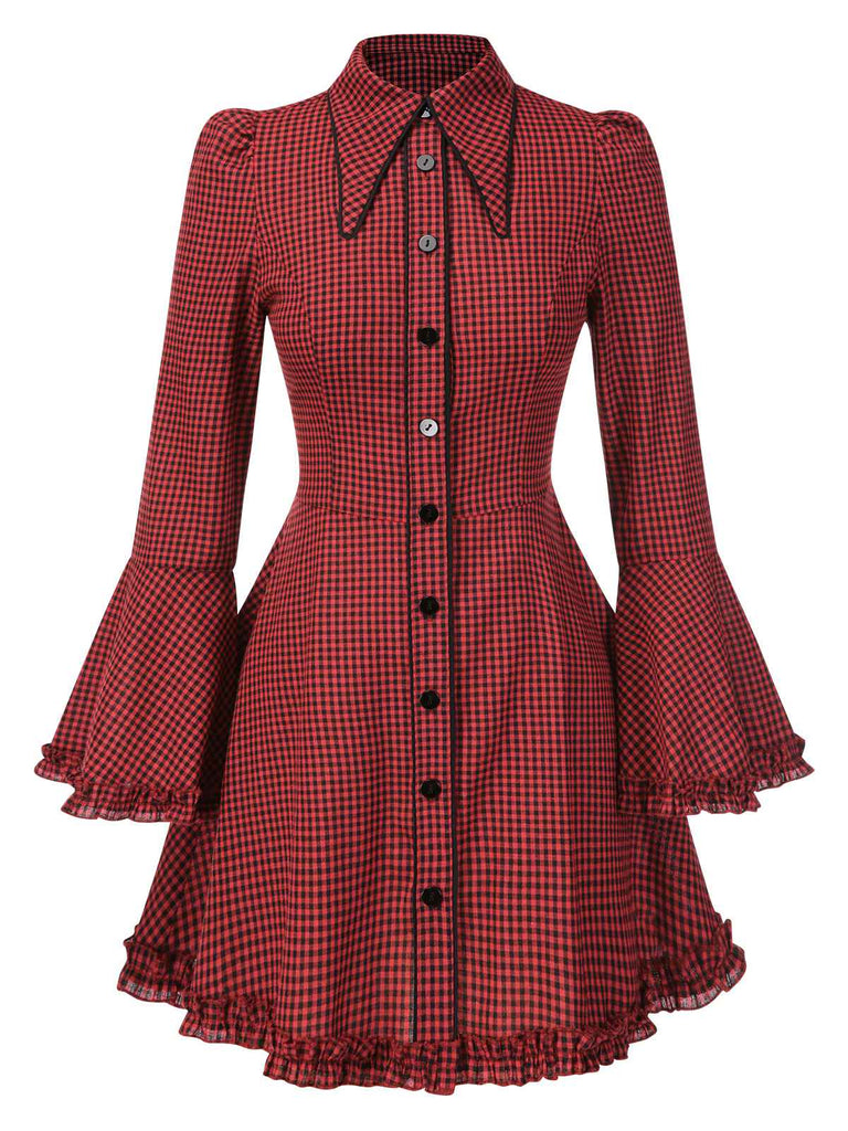 [Prévente] Robe rouge gothique à carreaux manches cloche à lacets des années 1960