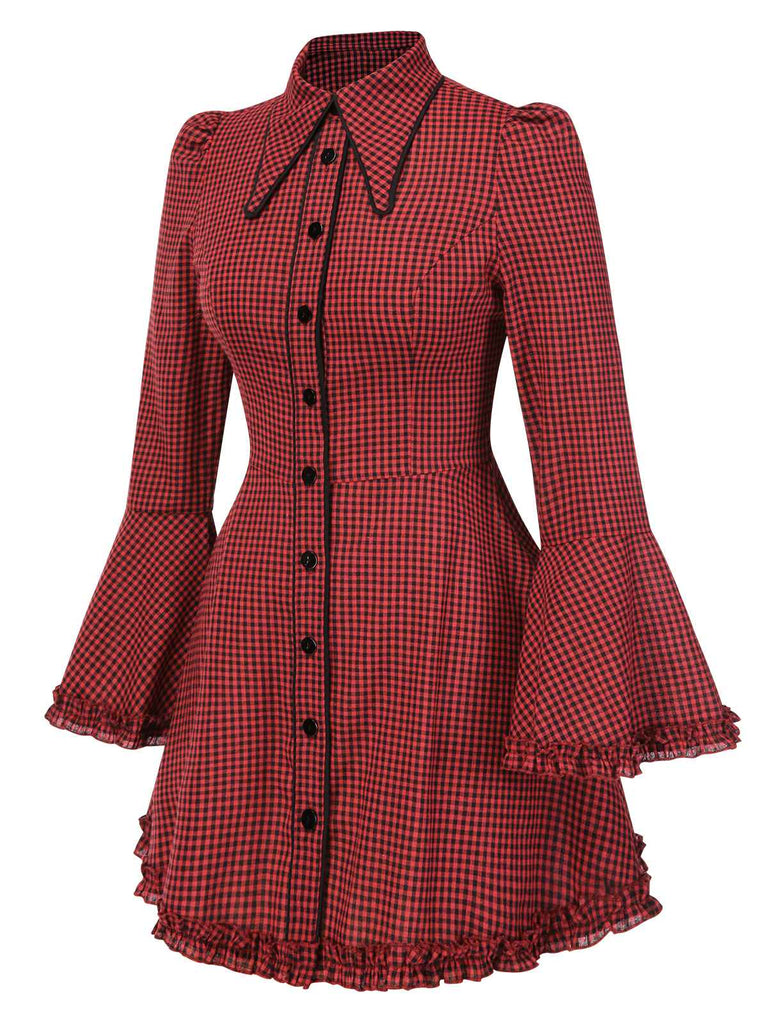 [Prévente] Robe rouge gothique à carreaux manches cloche à lacets des années 1960