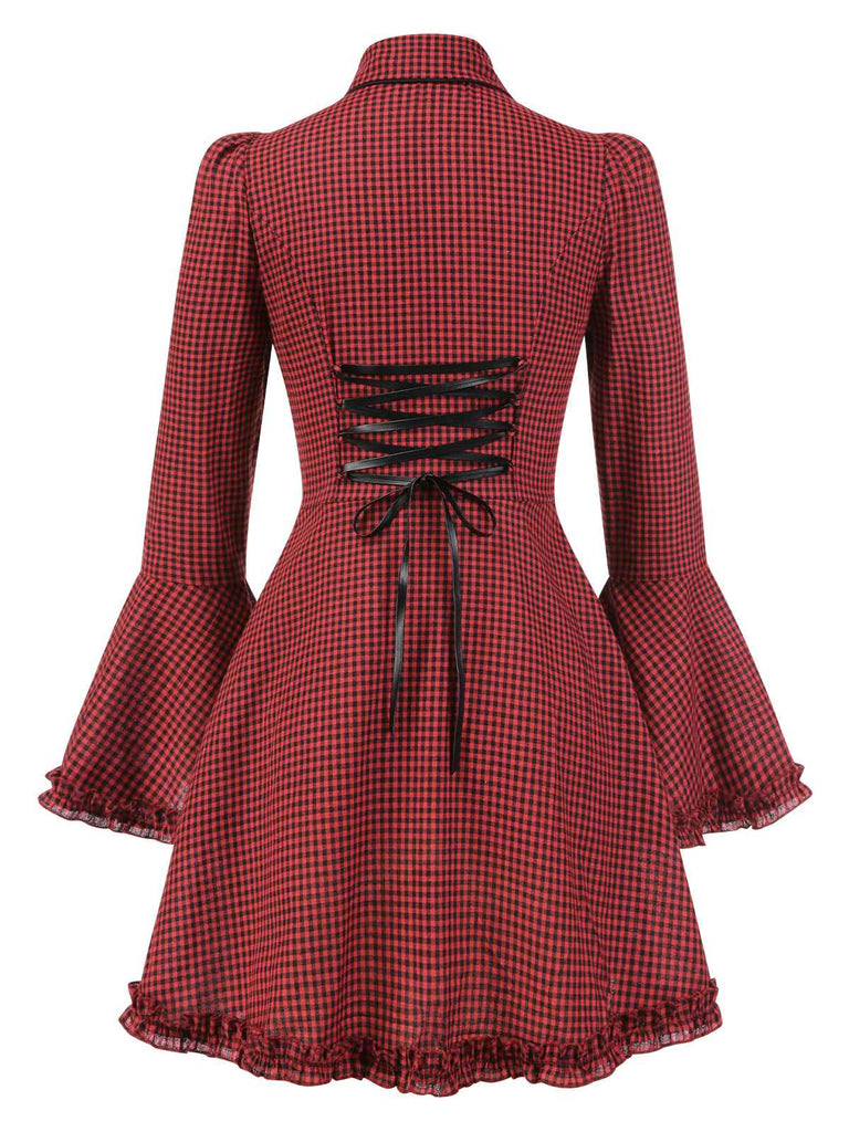 [Prévente] Robe rouge gothique à carreaux manches cloche à lacets des années 1960