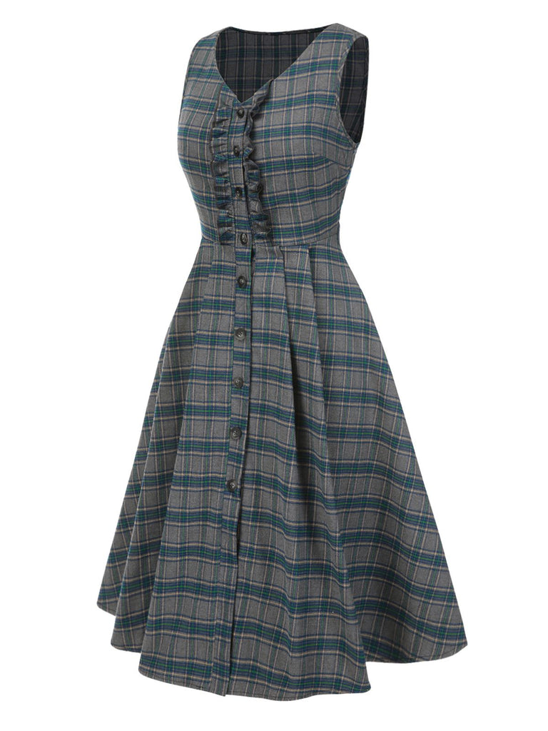 [Prévente] Robe grise à carreaux à volants années 1950