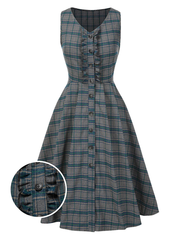 [Prévente] Robe grise à carreaux à volants années 1950