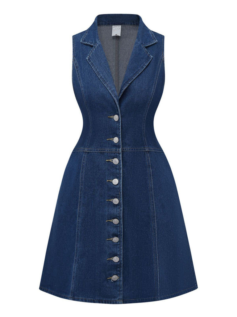 Robe en denim sans manches boutonnée bleu foncé des années 1970