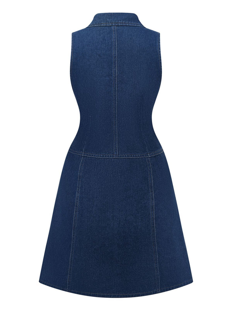 Robe en denim sans manches boutonnée bleu foncé des années 1970