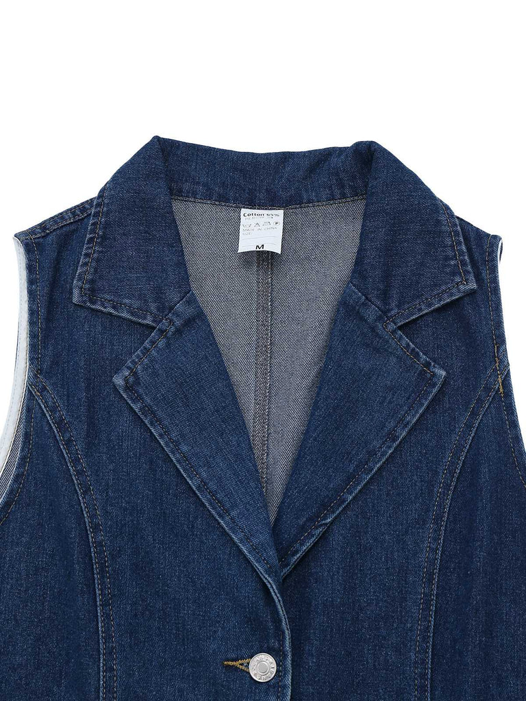 Robe en denim sans manches boutonnée bleu foncé des années 1970