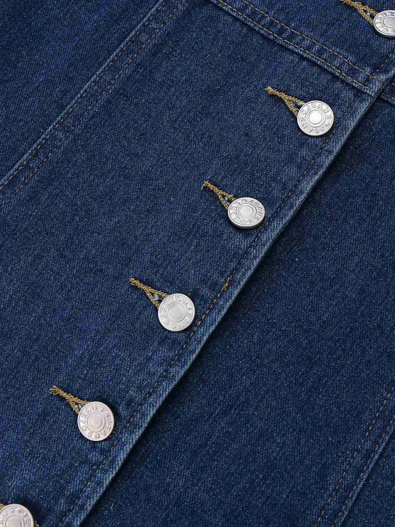 Robe en denim sans manches boutonnée bleu foncé des années 1970