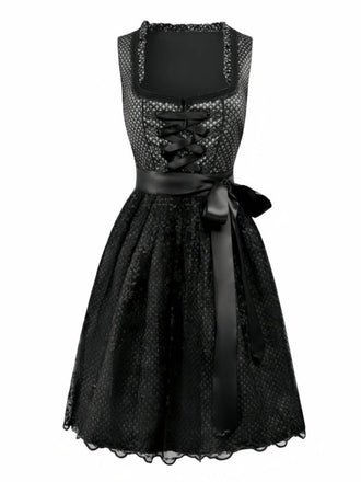 2PCS Robe et tablier noire à fleurs à lacets années 1950
