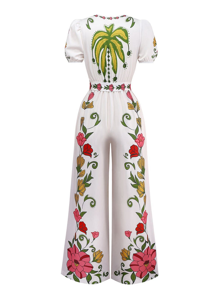 Combinaison blanche fleur à col en V profond années 1950