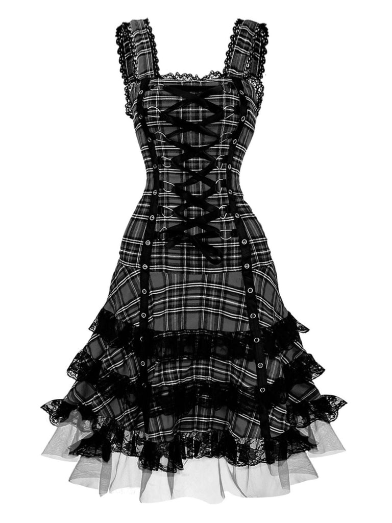 Robe à lacets et bretelles larges en tartan écossais des années 1960