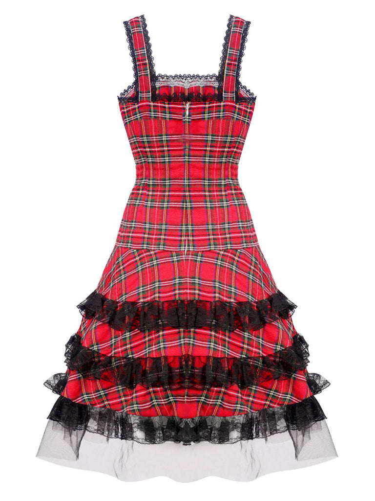 Robe à lacets et bretelles larges en tartan écossais des années 1960