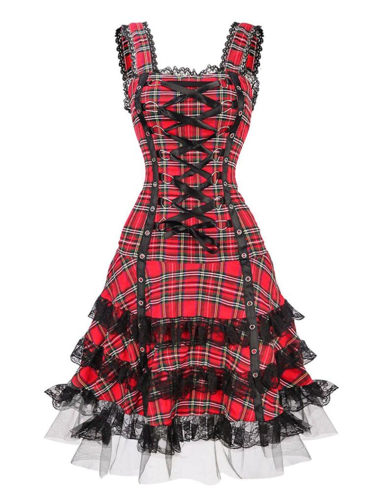 Robe à lacets et bretelles larges en tartan écossais des années 1960