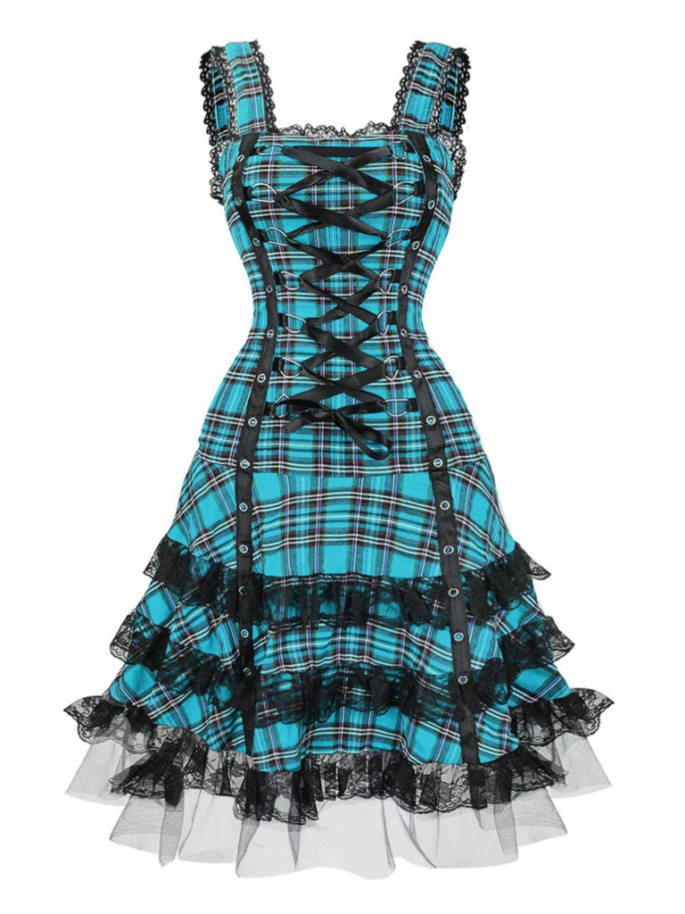 Robe à lacets et bretelles larges en tartan écossais des années 1960