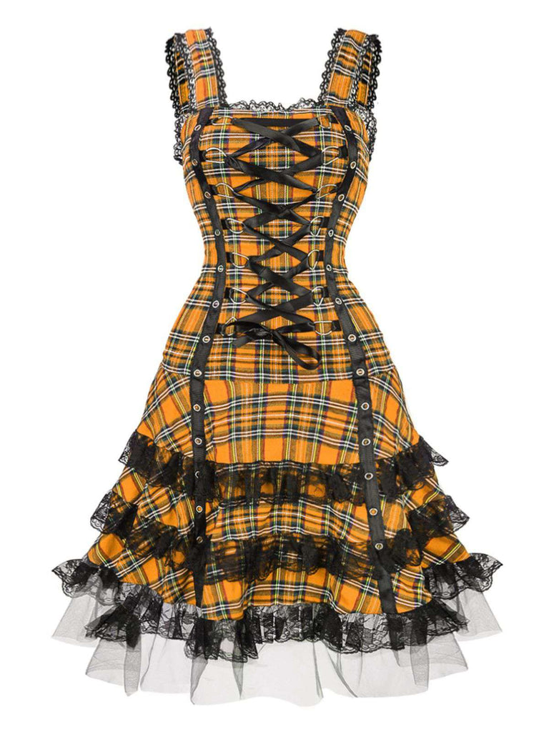 Robe à lacets et bretelles larges en tartan écossais des années 1960