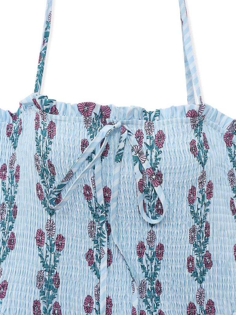 Robe de maille marguerite à bretelles à smocks des années 1940