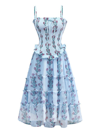 Robe de maille marguerite à bretelles à smocks des années 1940