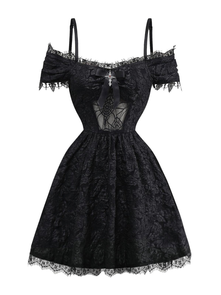 Robe d'Halloween texturée en toile d'araignée et croix des années 1950