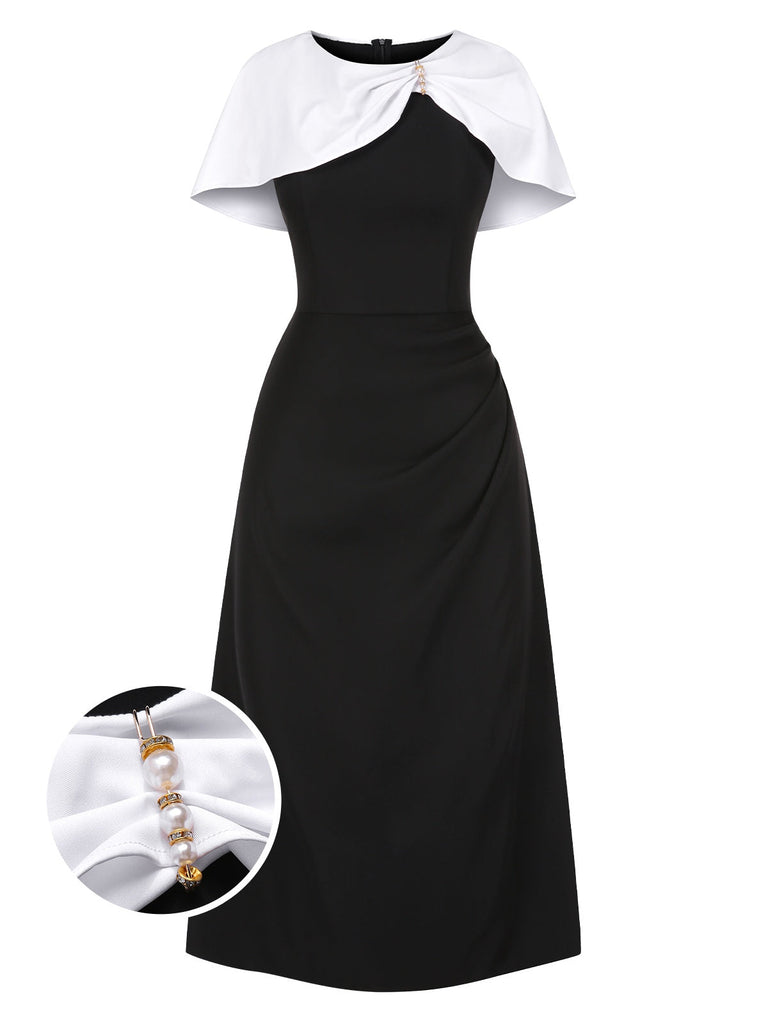 [Prévente] Robe cape froncée noire et blanche avec broche perlée des années 1940