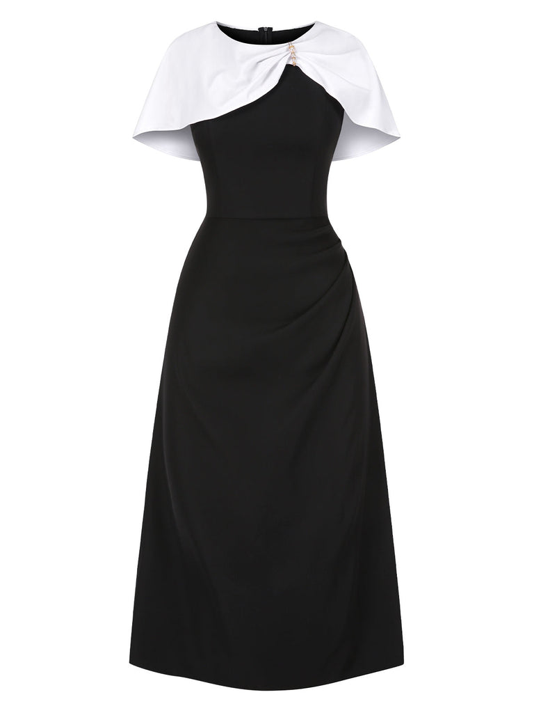 [Prévente] Robe cape froncée noire et blanche avec broche perlée des années 1940