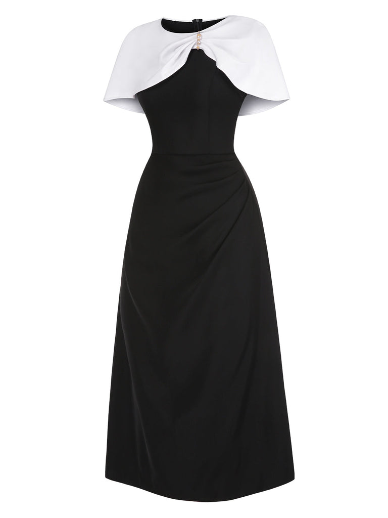 [Prévente] Robe cape froncée noire et blanche avec broche perlée des années 1940