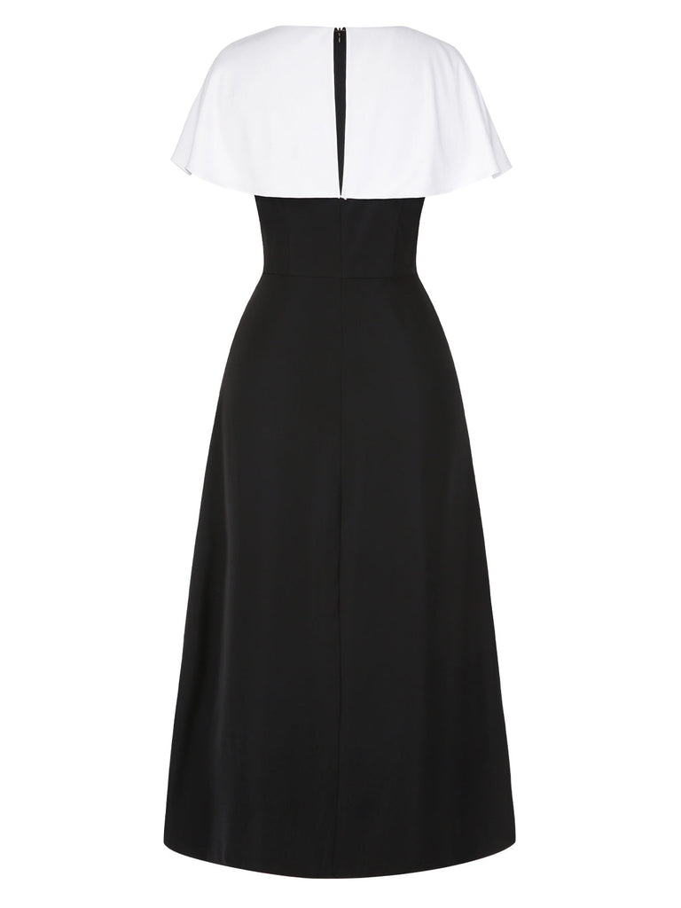 [Prévente] Robe cape froncée noire et blanche avec broche perlée des années 1940