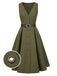 Robe gilet verte à col en V et poches ceinturée des années 1950