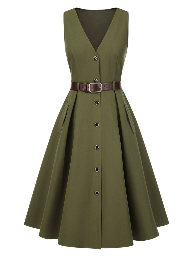 Robe gilet verte à col en V et poches ceinturée des années 1950