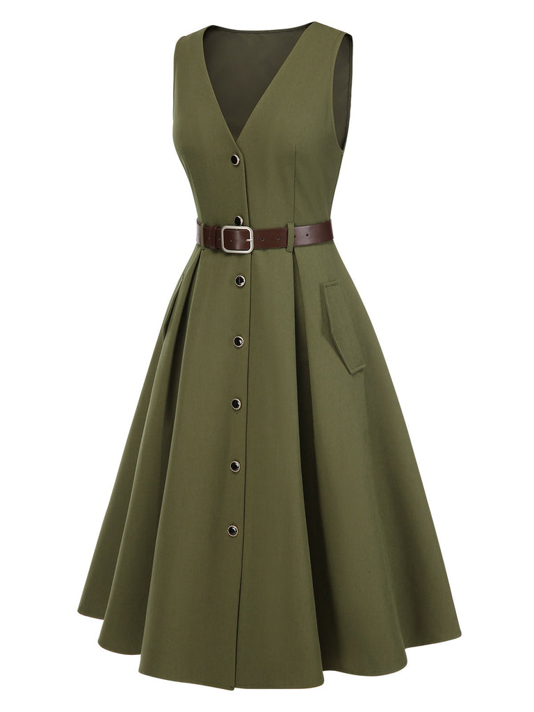 Robe gilet verte à col en V et poches ceinturée des années 1950