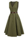 Robe gilet verte à col en V et poches ceinturée des années 1950