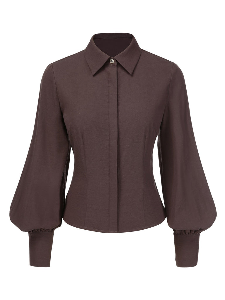 Chemisier marron uni à manches lanternes et revers des années 1950