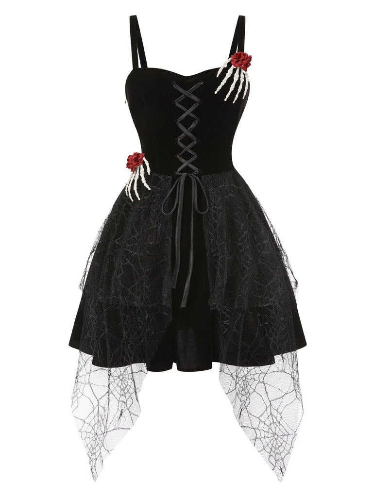 [Prévente] Robe noire d'Halloween avec decor de main de squelette et roses années 1950