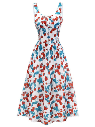 Robe à bretelles larges et col carré fraise des années 1950