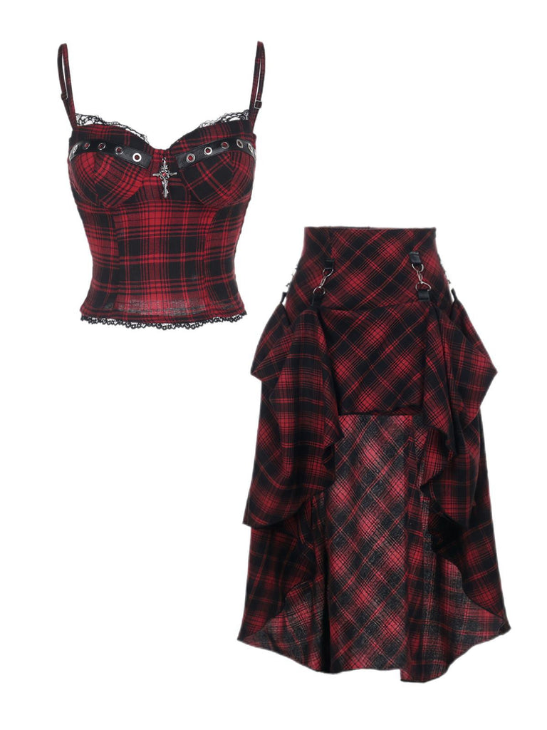 2PCS Caraco smocks et jupe à ourlet asymétrique à carreaux rouges des années 1980