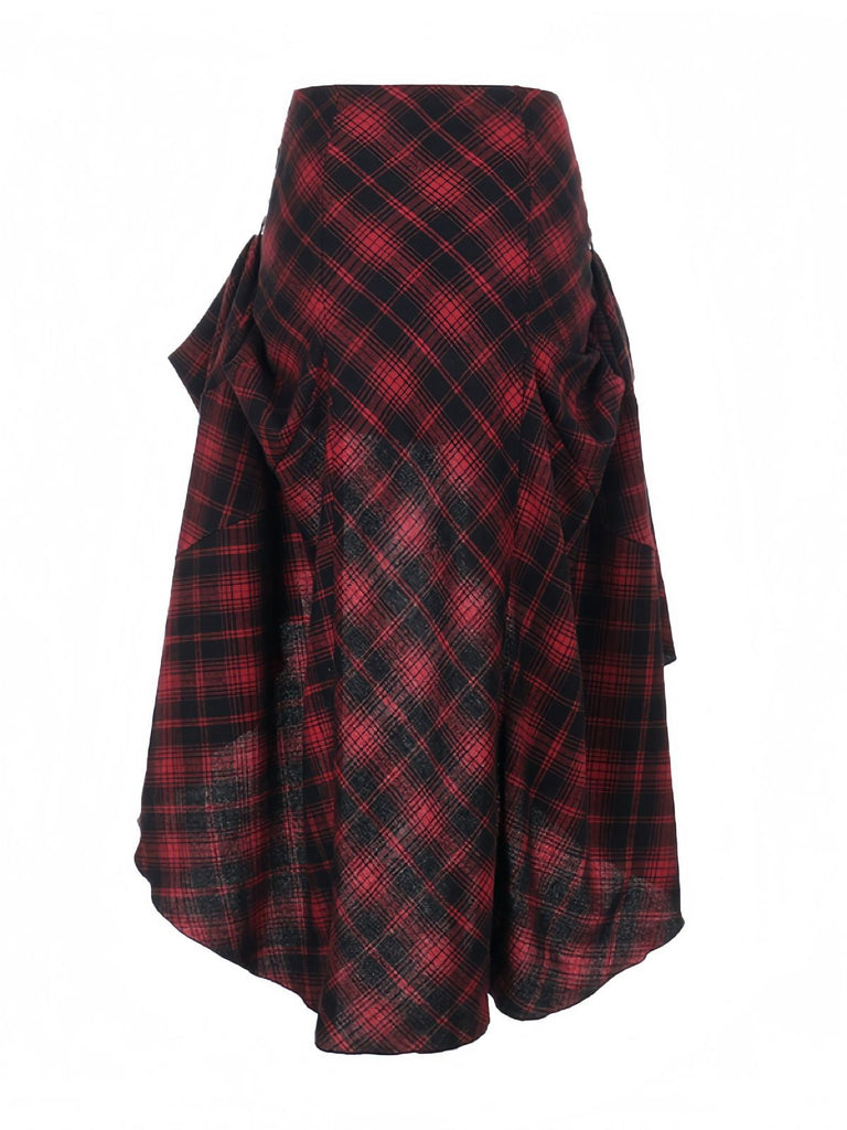 Jupe écossaise rouge à ourlet haut-bas des années 1980