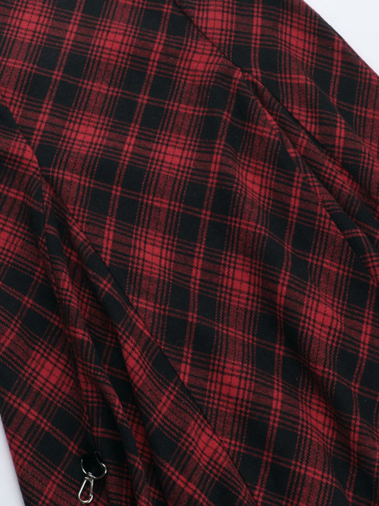 2PCS Caraco smocks et jupe à ourlet asymétrique à carreaux rouges des années 1980