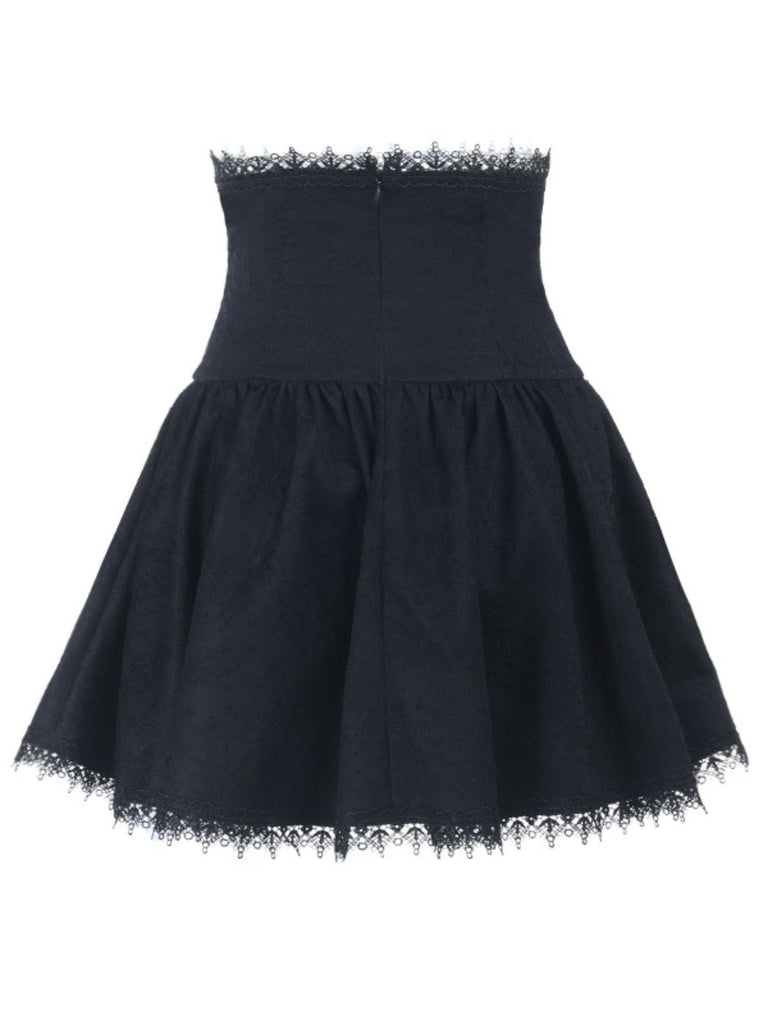 Jupe corset noire à lacets en dentelle patchwork années 1970