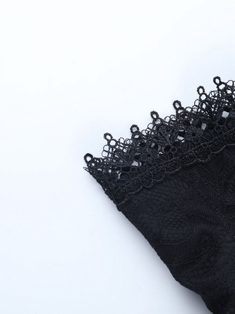Jupe corset noire à lacets en dentelle patchwork années 1970