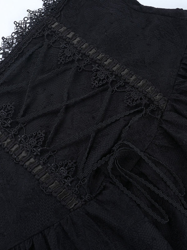 Jupe corset noire à lacets en dentelle patchwork années 1970
