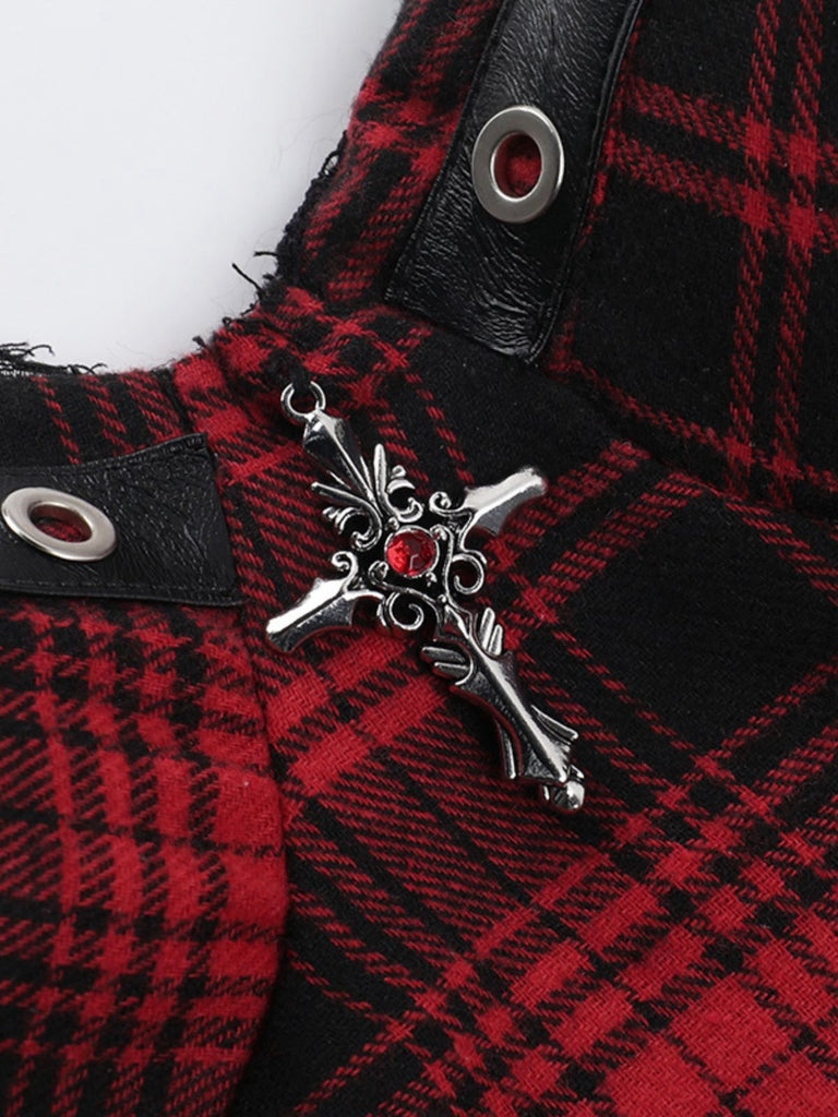 2PCS Caraco smocks et jupe à ourlet asymétrique à carreaux rouges des années 1980