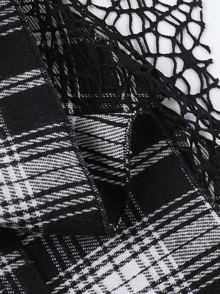 Jupe à carreaux écossais en patchwork de dentelle steampunk grise des années 1980