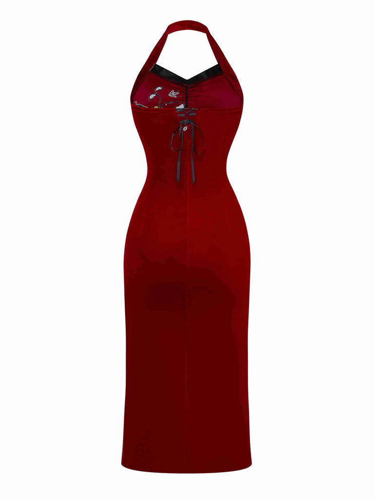 Robe rouge Ada-Wong en velours brodée de papillons années 1980