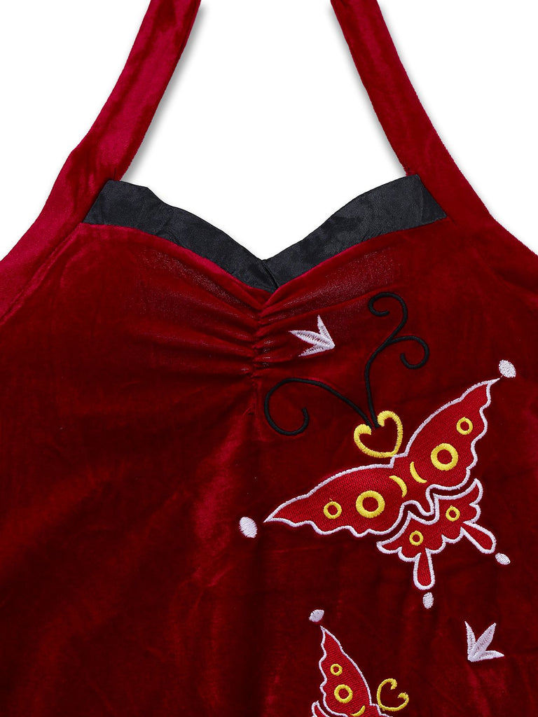 Robe rouge Ada-Wong en velours brodée de papillons années 1980