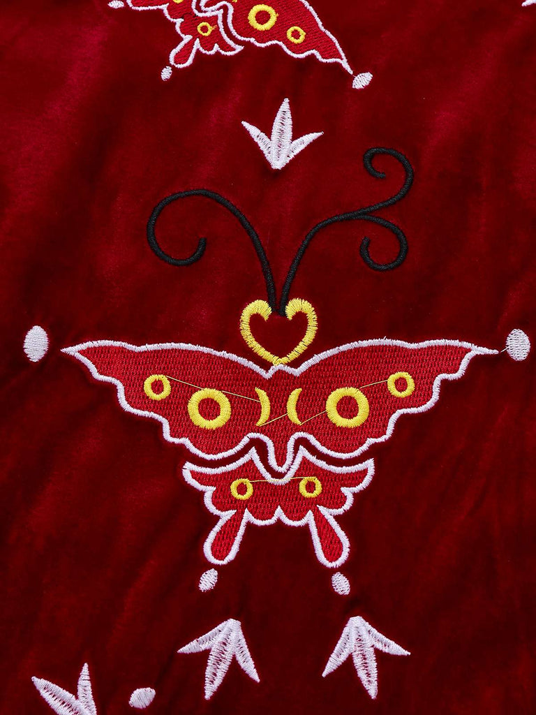 Robe rouge Ada-Wong en velours brodée de papillons années 1980