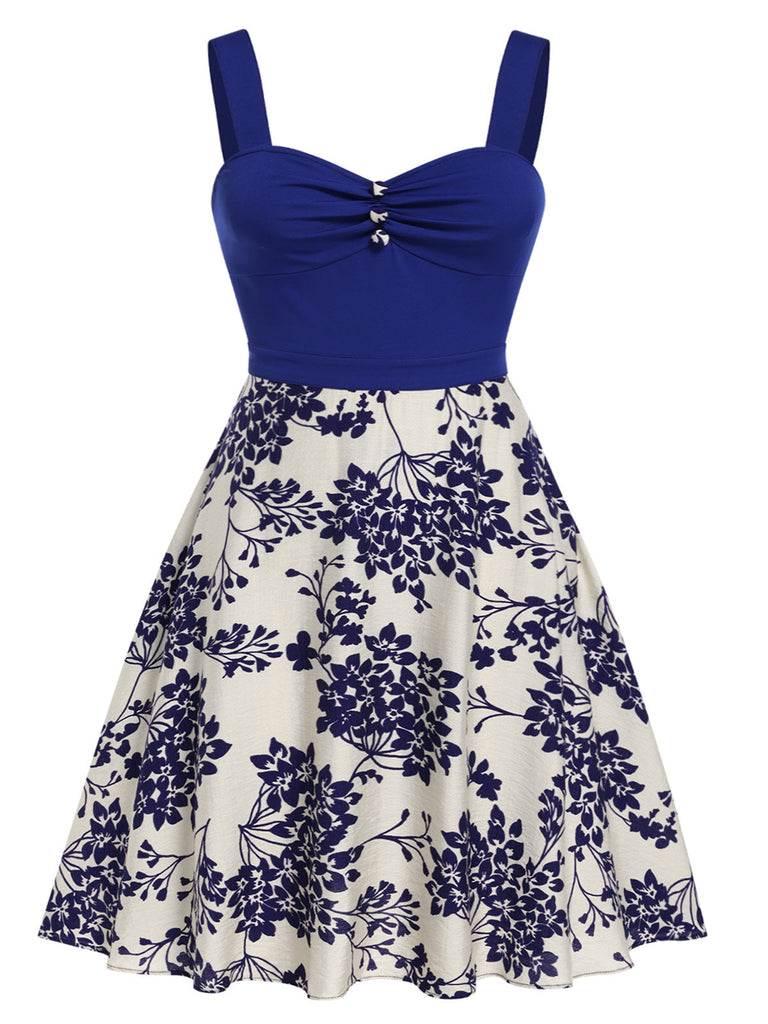 [Prévente] [Grande Taille] Robe bleu à col en cœur et boutons fleuris des années 1950