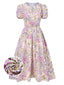 [Prévente] Robe lavande à fleurs et manches bouffantes années 1950