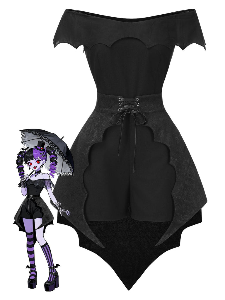 Combishort et cache-maillot style chauve-souris gothique noir des années 1950